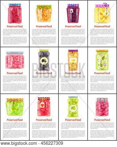 Preserved Fruit And Vegetables Vector Illustration. Strawberry And Raspberry, Olive And Salad, Pinea
