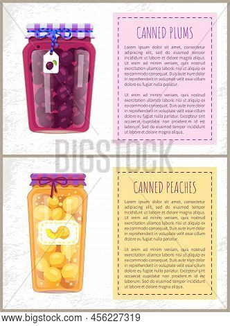 Canned Plums And Peaches Posters With Jars. Information About Fruits Conservation For Winter Season.