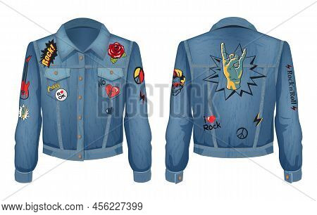 Rock Music Outfit Jeans Jacket With Patches. Horns Fingers Showing Rock Gesture, Roses In Bloom, Pea