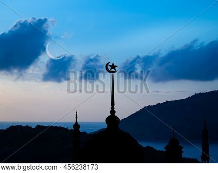 Ramadan, Eid Ai-fitr,new Year Muharram Islamic Religion Symbols With Mosques Dome Silhouette On Dark
