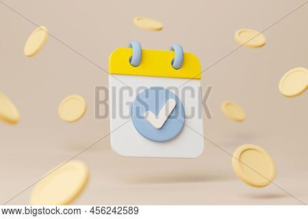 Calendar Minimal Simple Design With Check Mark And Gold Cions On Brown Background. Time Is Money Con