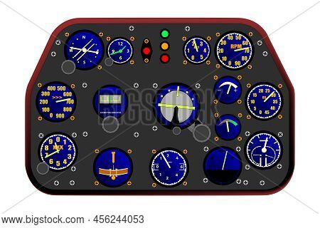 Control Panel Of A Wwii Fighter Plane With Dials And Guages Isolated On A White Background