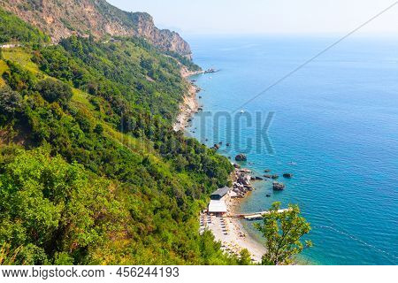 Aerial Panorama Of Coastal Mountains And Sea . Jaz Beach Budva  Montenegro