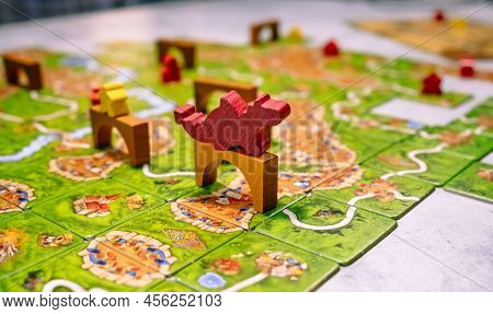 Board Game Carcassonne. Party Entertainment Or Family Leisure Hobby. Play Together. Strategic And Ec