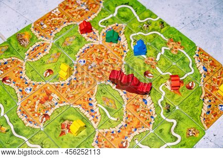 Board Game Carcassonne. Party Entertainment Or Family Leisure Hobby. Play Together. Strategic And Ec