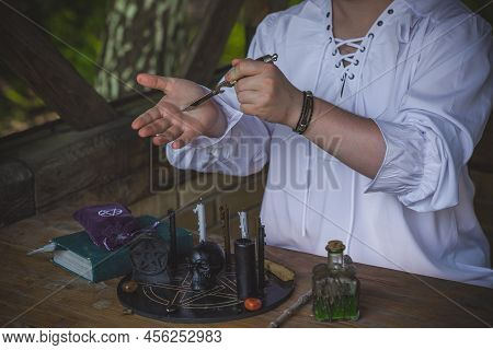 Man Doing Rite. Concept Of Esoteric, Incantation, Future Predict And Paganism, Power Of Paganism