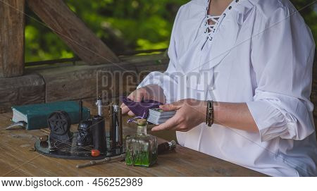 Man Doing Rite. Concept Of Esoteric, Incantation, Future Predict And Paganism, Power Of Paganism