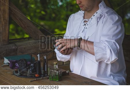 Man Doing Rite. Concept Of Esoteric, Incantation, Future Predict And Paganism, Power Of Paganism