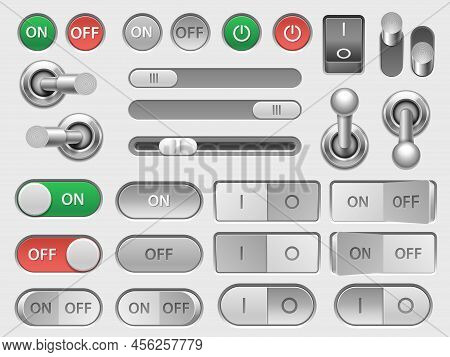 Toggle Switch. On Off Slider And Adjustable Button, User Interface Skeuomorphic Elements For Option 