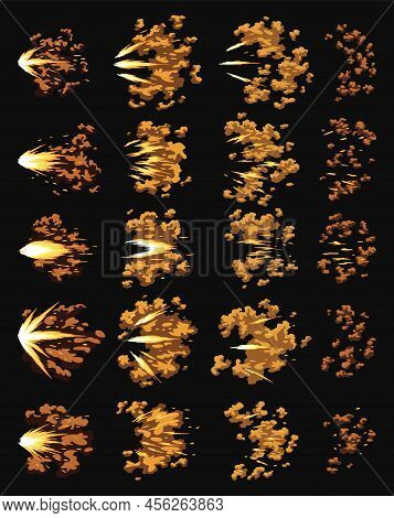 Gun Flashes Or Gunshot Animation. Collection Of Fire Explosion Effect During The Shot With The Gun. 