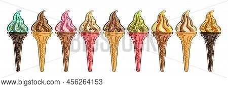Vector Ice Cream Set, Lot Collection Of 9 Cut Out Different Illustrations Of Realistic Refreshing Ic