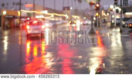 Cars Lights Reflection On Road In Rainy Weather. Rain Drops On Wet Asphalt Of City Street In Usa, Wa
