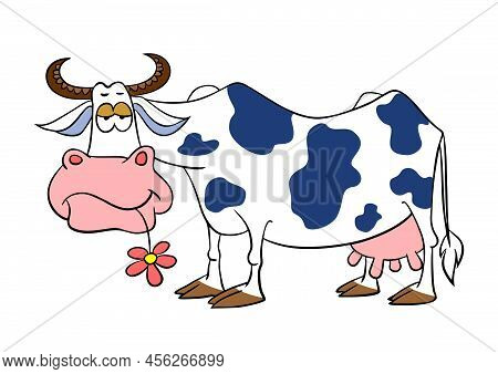 Cartoon Phlegmatic Cow. Cartoon Motley Cow. Vector Illustration Isolated On White.