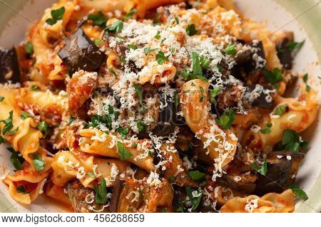 Pasta Alla Norma With Eggplant Or Aubergine, Tomato, Parmesan And Basil. Healthy Vegetarian Food