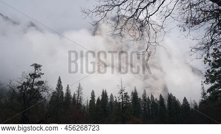 Foggy El Capitan Mountain, Bare Cliff, Steep Rock, Misty Calm Autumn Weather, Yosemite Valley, Calif