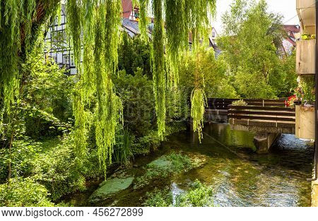 Scenic View Of Ulm Town, Germany. Scenery Of Residential Building By Water Canal In Summer. Historic
