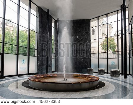Karlovy Vary, Bohemia, Czech Republic - May 26 2022: The Fontana Vridla Sprudel Or Vridlo Fountain I