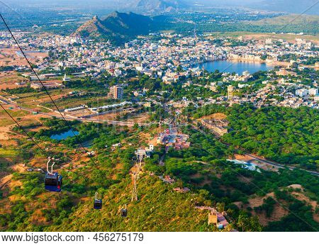 Cable Car From Pushkar Town To Savitri Mata Temple Aerial Panoramic View In Rajasthan State Of India