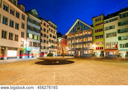 Colorful Houses At The Munsterhof Main Square In The Centre Of Zurich City In Switzerland