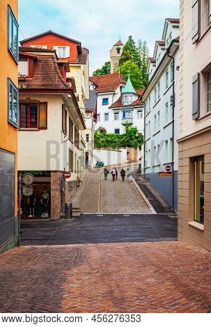 Street With Colorful Local Style Houses In Lucerne. Lucerne Or Luzern Is A City In Central Switzerla