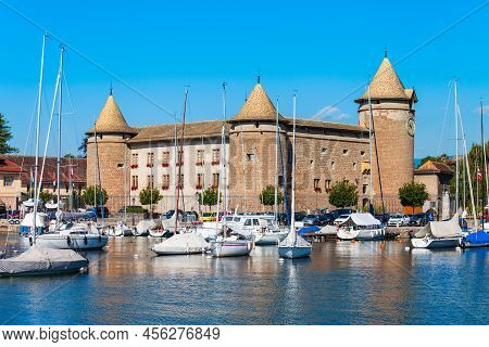 Medieval Castle In Morges. Morges Is A Town On The Shores Of Lake Geneva In The Canton Of Vaud In Sw