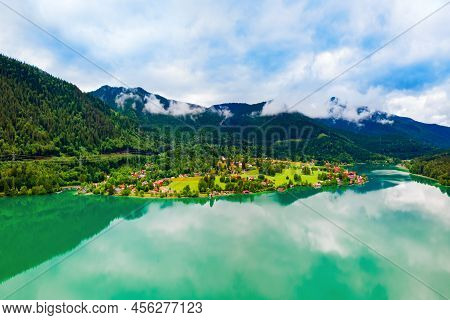 Walchensee Aerial Panoramic View. Walchensee Or Lake Walchen Is One Of The Deepest And Largest Alpin