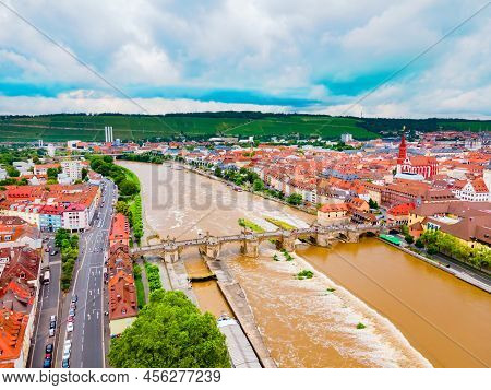 Old Main River Bridge And Wurzburg Old Town Aerial Panoramic View. Wurzburg Or Wuerzburg Is A City I