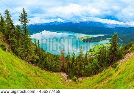 Walchensee Aerial Panoramic View From Herzogstand Viewpoint. Walchensee Or Lake Walchen Is One Of Th