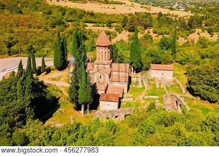 Ikalto Monastery Complex Aerial Panoramic View In Kakheti. Kakheti Is A Region In Eastern Georgia Wi