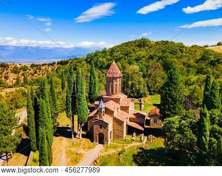 Ikalto Monastery Complex Aerial Panoramic View In Kakheti. Kakheti Is A Region In Eastern Georgia Wi
