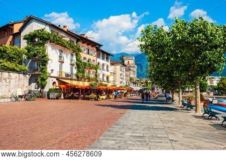 Ascona, Switzerland - July 10, 2019: Street Cafe And Colorful Houses In Ascona, Located Near Locarno