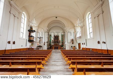 Weggis, Switzerland - July 12, 2019: The Parish Of St. Mary Church In Weggis, A Town On The Shore Of