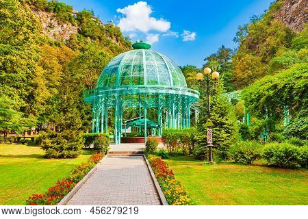 Borjomi, Georgia - September 01, 2021: Glass Pavilion Above Hot Spring Of Mineral Water In Borjomi C