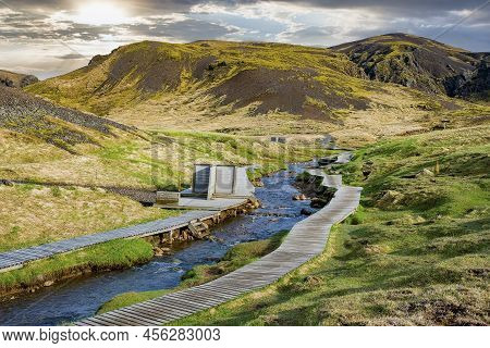 Wooden Boardwalk And Changing Room By Geothermal Bath Stream In Hveragerdi