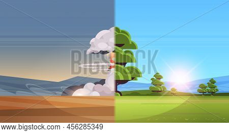 Nuclear Explosion Rising Fireball Of Atomic Mushroom Cloud And Green Tree Apocalipce Detonation Dang