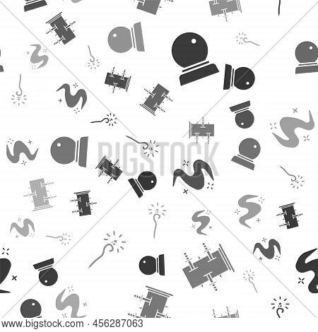 Set Magic Ball, Trunk For Magic Tricks, Magic Fog Or Smoke And Magic Staff On Seamless Pattern. Vect