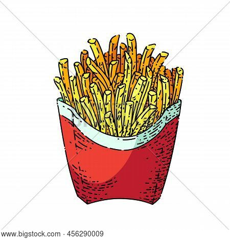 French Fries Box Hand Drawn Vector. Red Package, Fast Food Salt Menu French Fries Box Sketch. Isolat