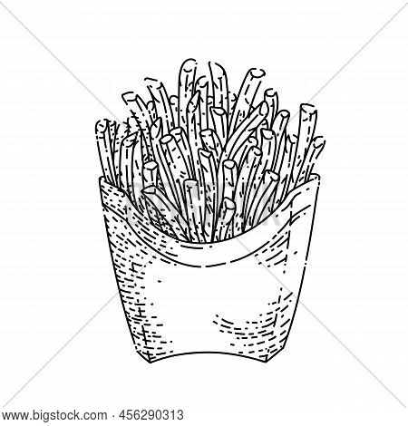 French Fries Box Hand Drawn Vector. Red Package, Fast Food Salt Menu French Fries Box Sketch. Isolat