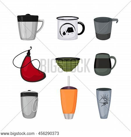 Camp Cup Set Cartoon. Enamel Mug, Camp Coffee, Tin Camping Drink, Outdoor Advertising Camp Cup Vecto