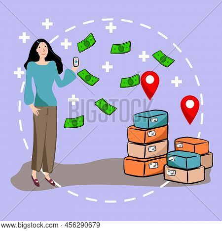 Icon Of Online Shopping Concept. Woman Work From Home, Banknote, Plus And Shopping Boxes. Online Sho
