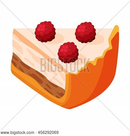 Cut Piece Of Baked Pie With Raspberry On Top, Sweet Creamy Filling And Shortcrust Pastry Vector Illu