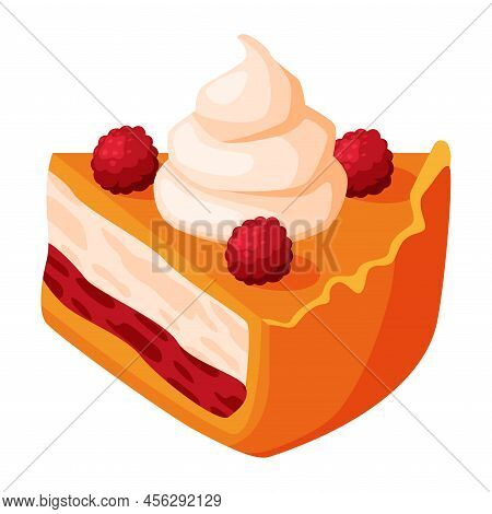 Cut Piece Of Baked Pie With Raspberry On Top, Sweet Creamy Filling And Shortcrust Pastry Vector Illu