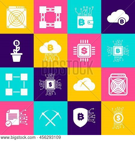 Set Cryptocurrency Bitcoin In Circuit, Asic Miner, Cpu Mining Farm, Wallet, Cloud And Bitcoin Plant 