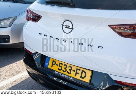 Tarragona, Spain - June 10, 2022: Opel Grandland Logo On A White Car Close-up.