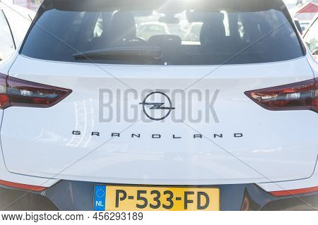 Tarragona, Spain - June 10, 2022: Opel Grandland Logo On A White Car Close-up.