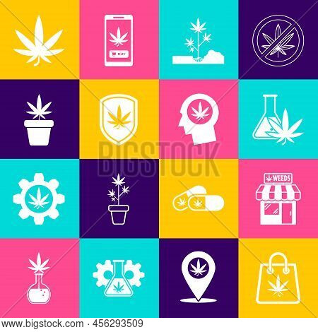 Set Shopping Bag Of Marijuana, Marijuana And Cannabis Store, Test Tube With, Planting, Shield, Plant