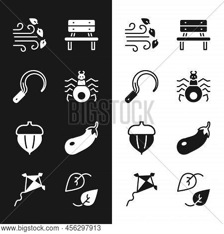 Set Spider, Sickle, Windy Weather, Bench, Acorn, Eggplant, Leaf And Kite Icon. Vector