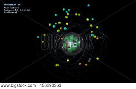 3d Illustration Of Atom Of Technetium With Core And 43 Electrons With A Black Background