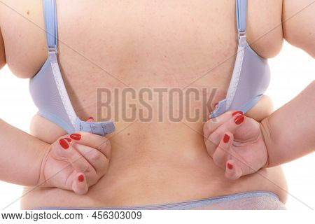 Fat Woman Rear View Opening Taking Off Or Putting On Her Bra. Plus Size Overweight Female Wearing Li