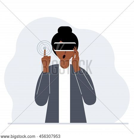 The Concept Of Augmented Or Extended Reality. Woman Wearing 3d Glasses Or Virtual Reality Headset. V